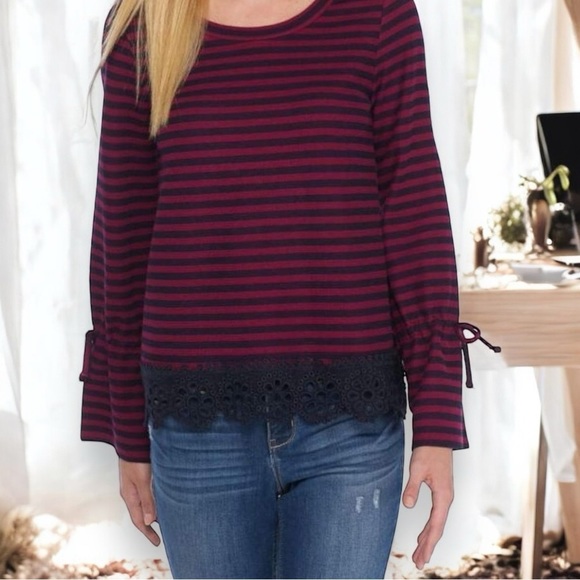Crown & Ivy Navy Striped Lace Trimmed Pullover Top - Picture 2 of 10